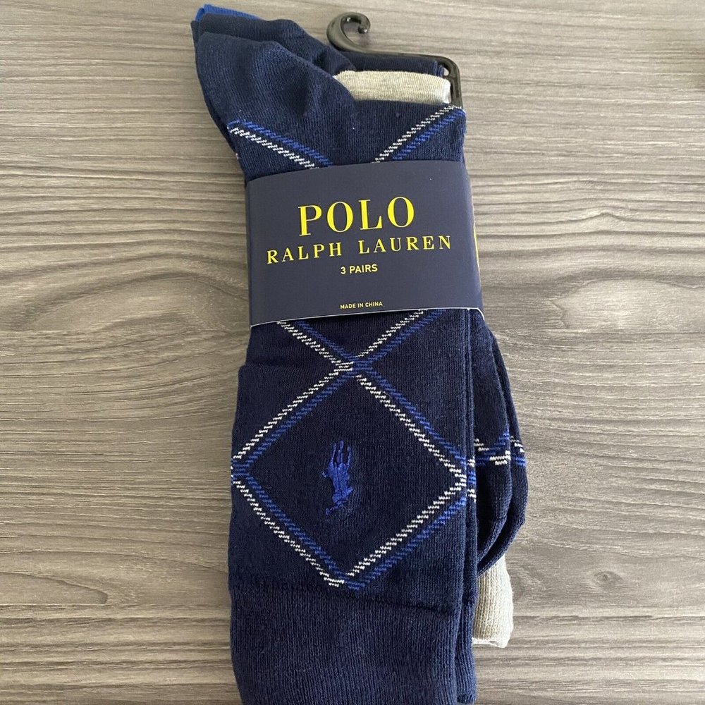Polo Ralph Lauren Casual Dress Socks 3-Pair Navy Blue Grey Solid Diamond Pack - Picture 8 of 10
